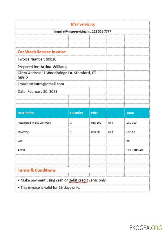 Modèle de facture de service de lavage de voiture